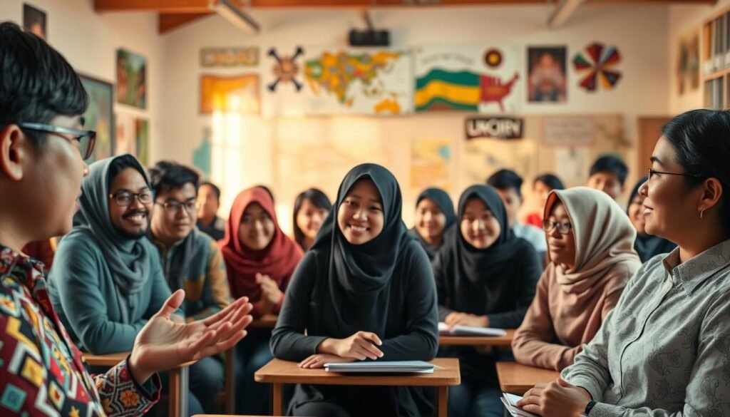 A bustling classroom with students of diverse backgrounds engaged in lively discussions, their faces reflecting the challenges and opportunities of language education in Indonesia. The scene is bathed in warm, natural lighting, capturing the energy and dynamism of the learning environment. In the foreground, a teacher gestures animatedly, guiding students through an interactive lesson, while in the middle ground, students collaborate in small groups, exchanging ideas and practicing their language skills. The background reveals a vibrant, multicultural setting, with Indonesian cultural elements and modern educational technology seamlessly integrated, symbolizing the evolving landscape of language education in the country.