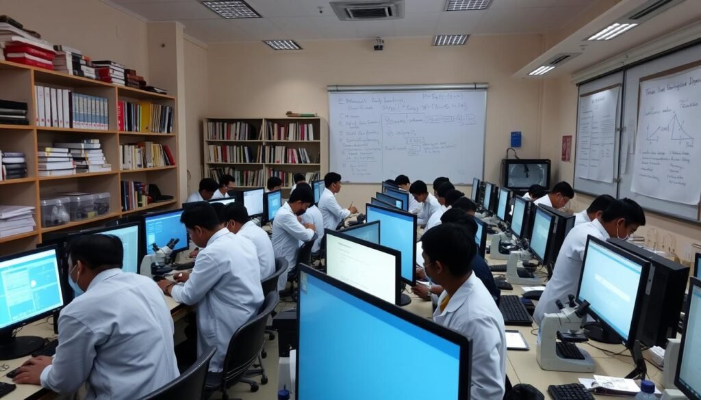 A bustling research lab at Poltek PGRI Banten, with scientists in white coats hunched over microscopes and computer screens, analyzing data and conducting experiments. The room is filled with the glow of monitors and the hum of equipment, casting a warm, focused light across the scene. In the background, a large whiteboard displays complex formulas and diagrams, while shelves of books and scientific instruments line the walls, conveying a sense of academic rigor and innovation. The overall atmosphere is one of intellectual curiosity, scientific discovery, and a dedication to advancing knowledge and technology.