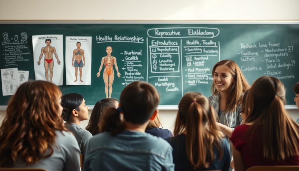 A classroom setting with a chalkboard or whiteboard in the background, depicting educational materials on human anatomy, reproductive health, and healthy relationships. In the foreground, a diverse group of students engaged in an interactive discussion, guided by a teacher with a warm, empathetic expression. The lighting is soft and natural, creating a nurturing and inclusive atmosphere. The overall composition conveys a sense of openness, understanding, and a commitment to comprehensive sexual education as a means to promote the well-being and safety of adolescents.