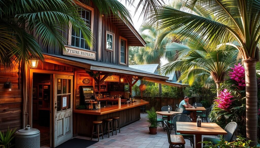 A cozy, rustic Florida restaurant nestled among lush palm trees and vibrant tropical foliage. The weathered wooden exterior blends seamlessly with the natural surroundings, inviting patrons to discover this hidden culinary gem. Through the open doorway, warm lighting casts a welcoming glow, hinting at the authentic, homemade dishes awaiting inside. The interior features vintage decor, eclectic furnishings, and a charming, lived-in ambiance that transports diners to a bygone era. At the center, a long wooden bar serves as the heart of the establishment, where local bartenders craft signature cocktails infused with Florida citrus. Patrons savor their meals on a shaded patio, surrounded by the sights and sounds of the lush, subtropical landscape.
