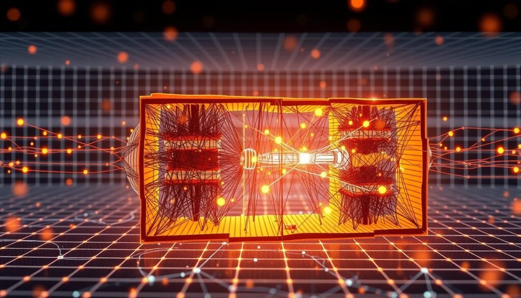 A detailed cross-section diagram of a generative neural network mechanism. In the foreground, a complex array of interconnected nodes and layers representing the neural network architecture. In the middle ground, a stylized visualization of the training process, with data inputs flowing through the network and adjusting the node weights. In the background, a wire-frame grid representing the underlying computational framework, with glowing energy pulses symbolizing the flow of information. The entire scene is bathed in a warm, techno-organic glow, conveying a sense of elegant complexity and creative potential.