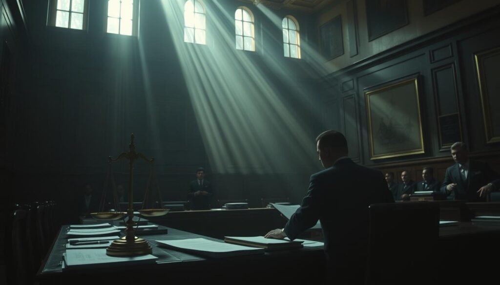 A dimly lit courtroom, the scales of justice prominently displayed. In the foreground, a prosecutor stands before a judge, passionately arguing a case. Witness testimonies, evidence, and legal documents are scattered across the table. The defendant, a figure shrouded in shadow, listens intently. Beams of light filter through the high windows, casting a somber, serious tone. The atmosphere exudes the weight of the law, the need for justice, and the gravity of the situation. A powerful visual representation of the legal support and policies in place to address acts of violence in Indonesia.
