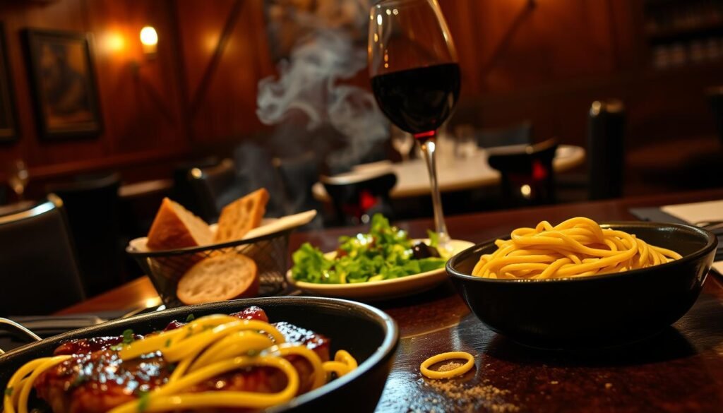 A lush, dimly lit dining room sets the stage for a culinary odyssey. In the foreground, a succulent steak sizzles on a cast-iron skillet, its caramelized edges glistening under the warm, focused lighting. Beside it, a bowl of al dente pasta twirls with strands of garlic-infused olive oil and fresh herbs. The middle ground reveals a tempting array of crusty bread, a vibrant green salad, and a glass of rich, ruby-red wine. In the background, the walls are adorned with rustic wooden paneling, casting a cozy, old-world ambiance. Subtle ambient lighting filters through the space, creating a tranquil, intimate atmosphere perfect for savoring the flavors of this hidden gem in the heart of Florida.