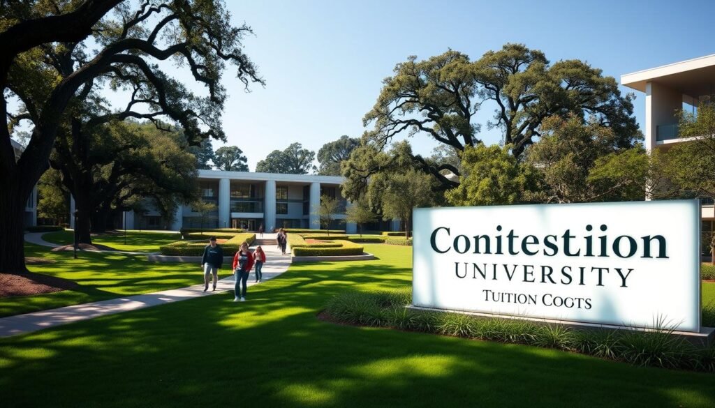 A modern university campus nestled in a lush, verdant landscape, with sun-dappled walkways and sleek, contemporary buildings. A group of students stroll across the well-manicured grounds, deep in conversation. In the foreground, a large, illuminated sign displays the university's name and logo, set against a backdrop of towering oak trees. The scene conveys a sense of academic vibrancy and intellectual exploration, perfectly encapsulating the essence of university life and the associated tuition costs.