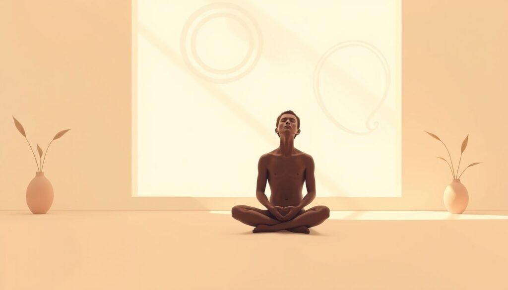 A serene and contemplative scene depicting the core principles of Carl Rogers' humanistic therapy approach. In the foreground, a figure sits cross-legged, eyes closed in deep introspection, radiating an aura of self-acceptance and empathy. The middle ground features a tranquil, minimalist setting - a cozy, sunlit room with warm, muted tones and clean lines, conveying a sense of emotional safety and unconditional positive regard. In the background, abstract shapes and forms swirl gently, symbolizing the client's inner world being explored and understood with care and curiosity. The overall atmosphere is one of profound self-exploration, personal growth, and the therapeutic journey towards becoming a fully functioning person.