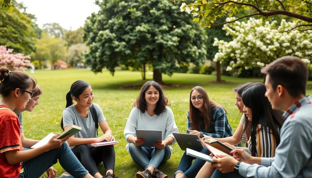 A serene campus setting, with students gathered in small groups engaged in lively discussions. In the foreground, a group of young scholars poring over notebooks and laptops, their faces alight with intellectual curiosity. In the middle ground, a professor gesturing animatedly, guiding the students through a lesson. In the background, a lush green lawn dotted with flowering trees, creating a tranquil, supportive atmosphere. Soft, diffused lighting filters through the scene, highlighting the collaborative spirit and sense of community. The overall mood is one of academic engagement, mentorship, and the nurturing of young minds.