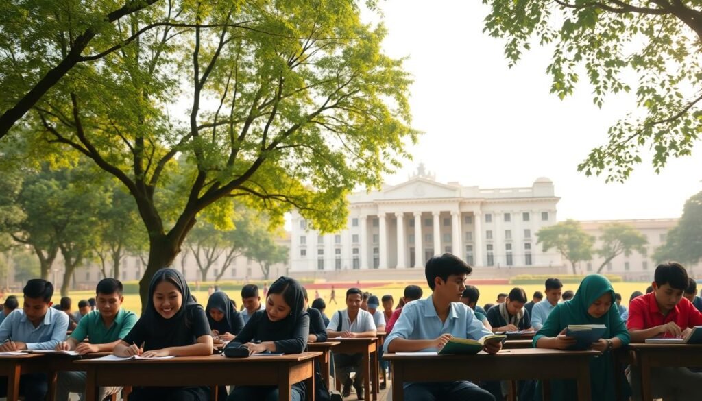A serene campus setting, with students gathered under the shade of lush trees, engaged in study and discussion. In the foreground, a group of young scholars seated at wooden desks, their faces alight with the joy of learning. In the middle ground, a majestic university building, its grand architecture a symbol of opportunity and knowledge. The background fades into a soft, hazy sky, evoking a sense of tranquility and contemplation. The lighting is warm and natural, casting a gentle glow over the scene. The angle is slightly elevated, allowing the viewer to take in the full scope of the campus and its vibrant intellectual community. This image captures the essence of the "Beasiswa KIP Kuliah," a program that empowers students from underprivileged backgrounds to pursue their academic dreams.