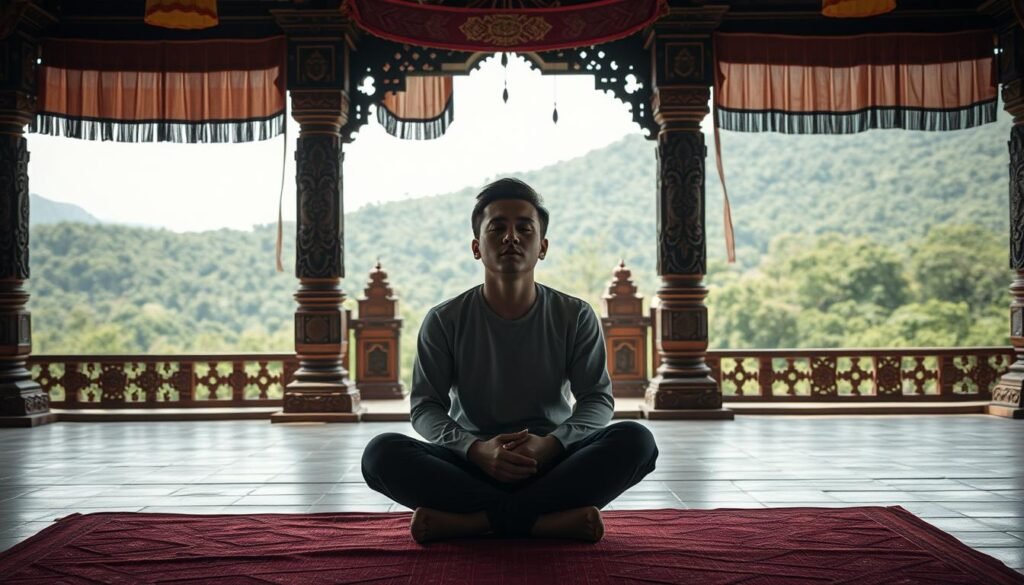 A serene, humanistic scene set in a tranquil, culturally rich environment. In the foreground, a thoughtful individual sits cross-legged, eyes closed, embodying a sense of inner contemplation and connection. The middle ground features a backdrop of ornate architectural elements, such as intricate carvings and vibrant textiles, representing the depth and complexity of the surrounding culture. In the background, a lush, verdant landscape unfolds, conveying a harmonious balance between the natural and the constructed. The overall mood is one of introspection, reverence, and a profound appreciation for the interplay between the individual and the cultural context.