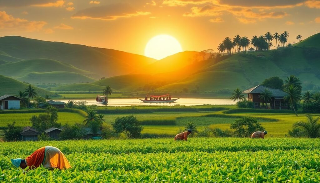 A serene pastoral scene of Aura Farming and Pacu Jalur in the lush, verdant landscapes of Riau, Indonesia. In the foreground, farmers tend to their crops, their auras visible as shimmering halos of energy. In the middle ground, a traditional Pacu Jalur boat race unfolds, the sleek, brightly painted vessels gliding across a tranquil river. The background features rolling hills, dotted with palm trees and traditional Malay architecture, bathed in the warm, golden light of the tropical sun. The overall atmosphere is one of harmony, spirituality, and the deep connection between the people and their land.