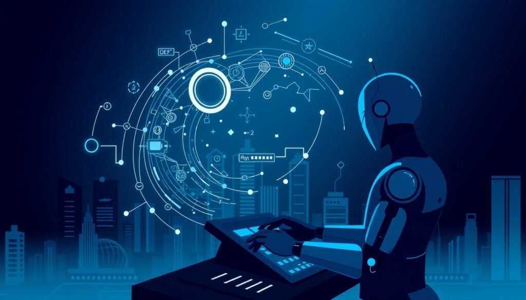A sleek, minimalist illustration of "Model Pembelajaran Mesin". In the foreground, a stylized humanoid figure operates a sophisticated control panel, conveying the human-AI interaction at the core of machine learning. The figure is surrounded by a swirling array of geometric shapes and data visualizations, representing the complex algorithms and models that power the machine learning process. In the background, a dimly lit, futuristic cityscape provides a subdued, technical backdrop, emphasizing the integration of this technology into our modern world. The scene is bathed in a cool, blue-toned lighting, creating a sense of scientific precision and technological prowess. The overall composition evokes a balance between human agency and autonomous machine intelligence, reflecting the transformative potential of this innovative field.