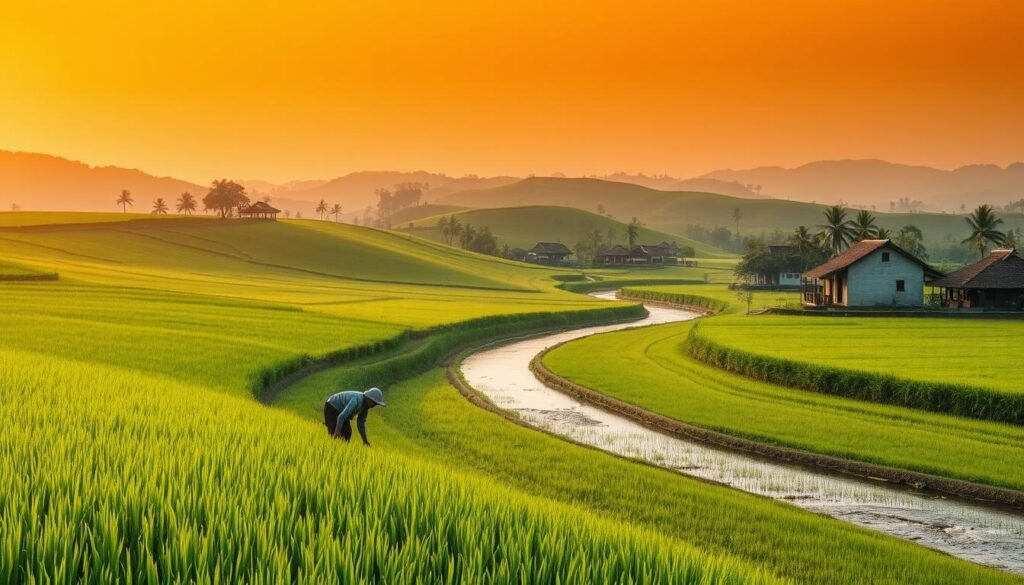 A tranquil landscape of lush, verdant rice paddies stretches out under a warm, golden-hued sky. In the foreground, a farmer tending to the land with reverence, their movements fluid and graceful, exuding a sense of inner peace. The middle ground features a winding stream, its gentle current reflecting the serene atmosphere. In the distance, rolling hills dotted with traditional Javanese houses and swaying palm trees create a harmonious, timeless scene. The lighting is soft and diffused, casting a serene, almost spiritual glow over the entire composition. The overall mood is one of tranquility, harmony, and a deep connection to the natural world, capturing the essence of &quot;Aura Farming, Rayyan & Kedamaian dari Nusantara&quot;.
