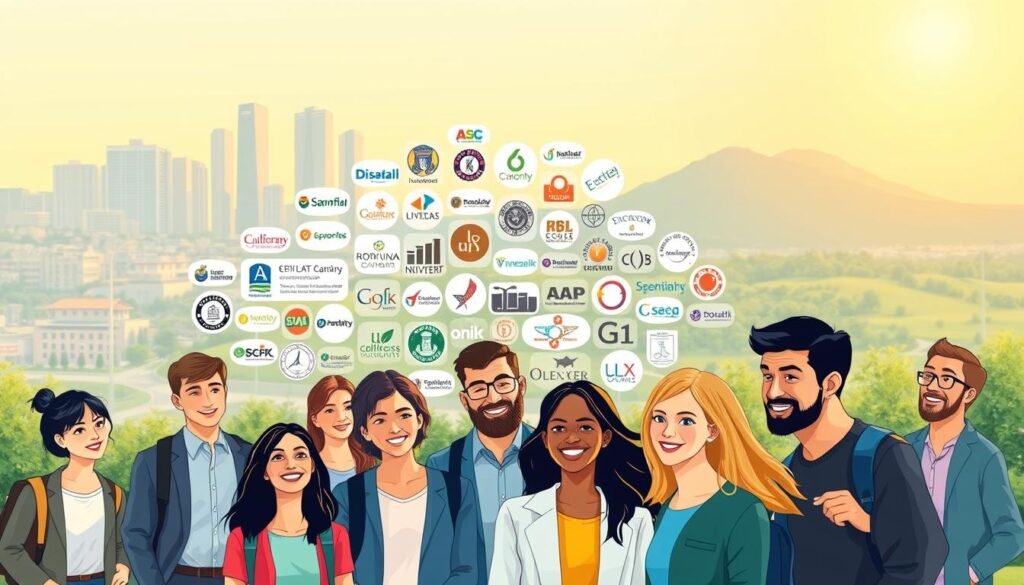 A vibrant and informative illustration of various funding sources for a scholarship program. In the foreground, a diverse group of students, professors, and industry representatives collaborate, their expressions conveying a sense of determination and purpose. In the middle ground, a collage of logos and icons representing different types of scholarships, grants, and partnerships. In the background, a cityscape with modern buildings and a scenic natural landscape, suggesting the broad scope and impact of the scholarship program. The lighting is warm and inviting, creating a mood of optimism and opportunity. The angle is slightly elevated, providing a comprehensive view of the scene and its various elements.