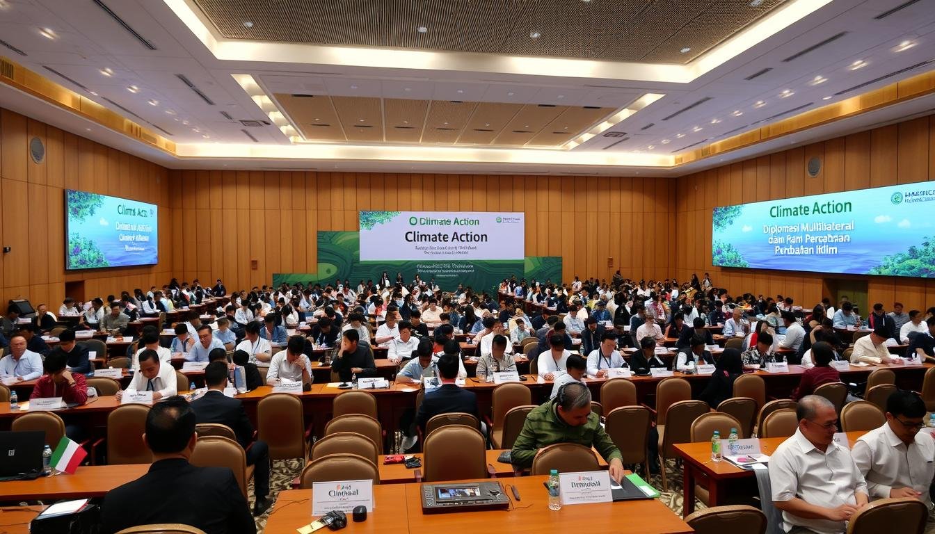Konferensi perubahan iklim multilateral dengan delegasi dari berbagai negara