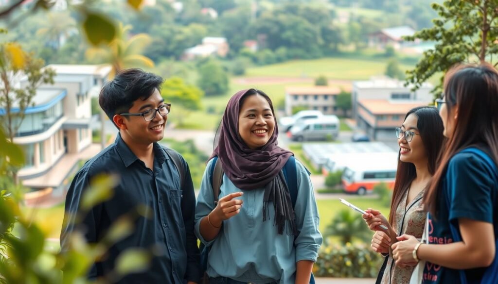 A collaborative study between University of East Utara (UEU) and University of Technology Sarawak (UTS), set against a vibrant campus backdrop. In the foreground, students from both universities engage in lively discussion, their faces alight with enthusiasm. The middle ground showcases modern lecture halls and laboratories, hinting at the cutting-edge research and innovation taking place. In the background, a verdant landscape frames the scene, reflecting the natural harmony between the two institutions. Soft, warm lighting casts a welcoming glow, conveying a sense of intellectual curiosity and mutual understanding. The overall atmosphere is one of fruitful collaboration, where diverse perspectives converge to drive progress and discovery.