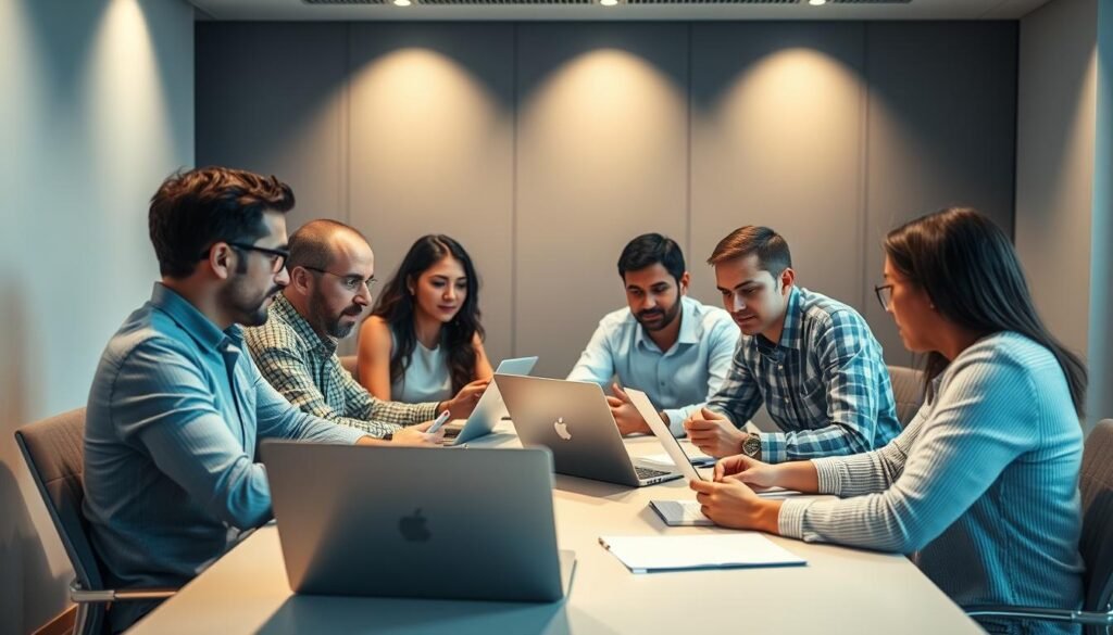 A group of individuals engaged in an academic discussion, seated around a conference table in a well-lit, modern meeting room. The participants are intently focused, exchanging ideas and comparing data on their laptops and notepads. The atmosphere is one of collaborative inquiry, with a sense of professional diligence and purpose. Subtle lighting illuminates the scene, casting a warm, productive glow over the proceedings. The background features minimalist decor, allowing the central activity to take center stage. The overall impression is one of a serious, yet constructive, benchmarking process underway.