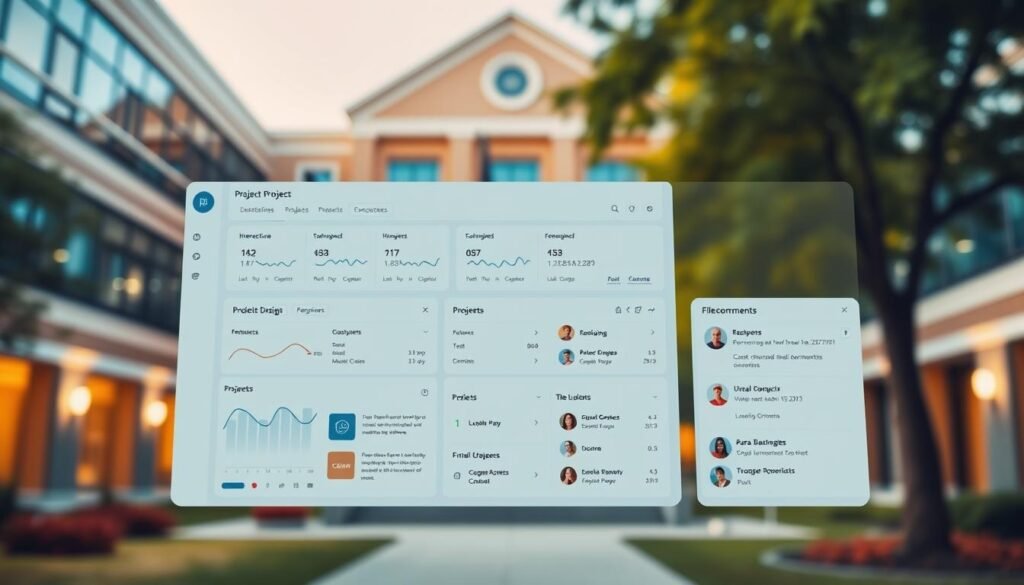 A modern, minimalist web application interface showcasing a university's project management system. The foreground features a clean, responsive dashboard with interactive graphs, project timelines, and student progress indicators. The middle ground includes project submission forms, file uploads, and comment sections. The background depicts a campus building, with warm lighting and a blurred perspective to suggest an academic setting. The overall mood is professional, organized, and technology-driven, reflecting the efficient implementation of a web-based information system to support the final project process. A modern, minimalist web application interface showcasing a university's project management system. The foreground features a clean, responsive dashboard with interactive graphs, project timelines, and student progress indicators. The middle ground includes project submission forms, file uploads, and comment sections. The background depicts a campus building, with warm lighting and a blurred perspective to suggest an academic setting. The overall mood is professional, organized, and technology-driven, reflecting the efficient implementation of a web-based information system to support the final project process.