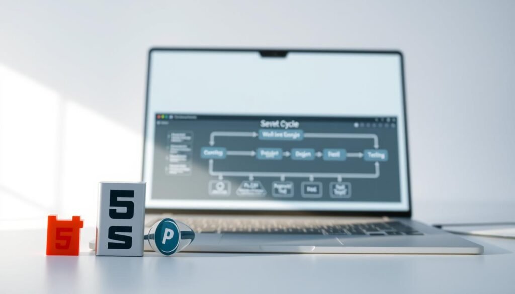 A modern software development workflow depicted on a sleek, minimalist web interface. The foreground showcases a set of web development icons - HTML, CSS, JavaScript, and a server-side framework. The middle ground features a diagram of the software development life cycle, with stages like planning, design, implementation, and testing. The background has a subtle grid pattern representing the underlying data structures and algorithms. The lighting is soft and diffused, creating a professional, technical atmosphere. The camera angle is slightly angled, giving a sense of depth and perspective to the overall composition. A modern software development workflow depicted on a sleek, minimalist web interface. The foreground showcases a set of web development icons - HTML, CSS, JavaScript, and a server-side framework. The middle ground features a diagram of the software development life cycle, with stages like planning, design, implementation, and testing. The background has a subtle grid pattern representing the underlying data structures and algorithms. The lighting is soft and diffused, creating a professional, technical atmosphere. The camera angle is slightly angled, giving a sense of depth and perspective to the overall composition.