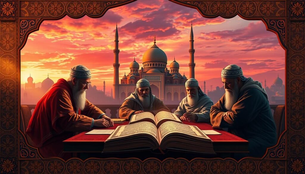 A richly colored, cinematic illustration depicting a scholarly discussion on Quranic exegesis. In the foreground, a group of esteemed Islamic scholars, each with a pensive expression, sit around a table adorned with ancient texts and parchments. Intricate arabesque patterns frame the scene, casting a warm, contemplative glow. In the background, a majestic mosque rises, its domes and minarets silhouetted against a vibrant, sunset-hued sky. The overall atmosphere evokes a sense of profound wisdom, reverence, and the enduring legacy of Islamic scholarship.