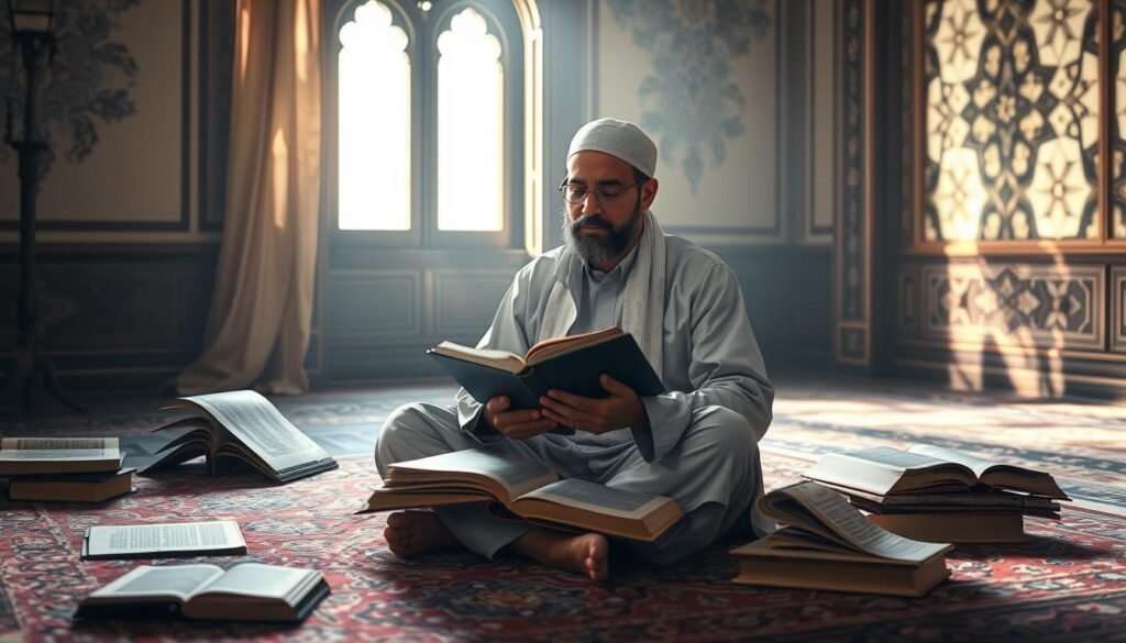 A serene and contemplative scene of a Quranic scholar deeply immersed in the study of Surah Ali Imran, verses 35-37. The scholar sits cross-legged on a Persian rug, surrounded by ancient tomes and scrolls. Soft, warm lighting filters through a nearby window, casting a reverent glow over the scene. The scholar's expression is one of profound focus and spiritual contemplation as they ponder the nuanced legal and jurisprudential aspects within these sacred verses. The background features a beautifully rendered Islamic architectural motif, hinting at the rich scholarly tradition this interpretation is grounded in. The overall tone is one of reverence, intellectual rigor, and a deep connection to the divine teachings of the Quran.