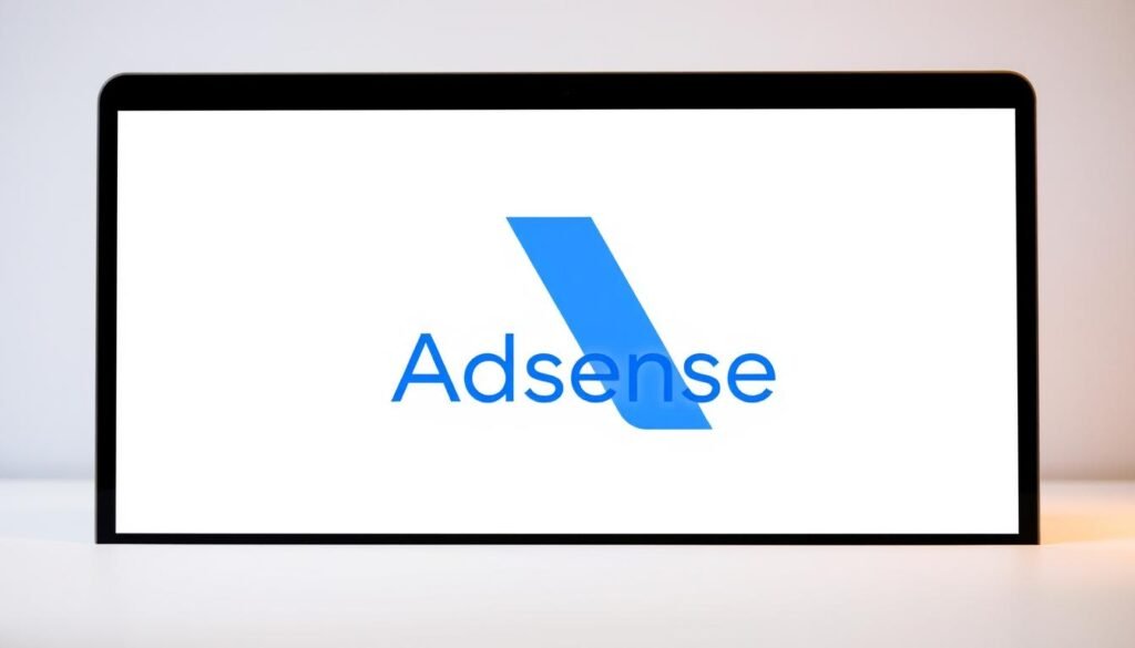 A sleek, modern interface displaying the Google AdSense logo, set against a soft, minimalist background. The AdSense logo is prominently featured, its bold colors and distinct branding commanding attention. The layout is clean and uncluttered, with a sense of professionalism and simplicity. Subtle gradient patterns or subtle geometric shapes add depth and visual interest to the background, creating a balanced and visually appealing composition. The overall mood is one of efficiency, trustworthiness, and the potential for monetization through the AdSense platform.