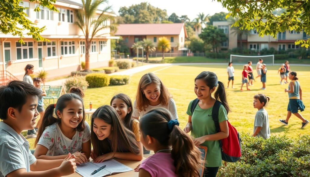 A vibrant, well-maintained school campus with lush greenery, clean and well-lit classrooms, and students engaged in positive activities. In the foreground, a group of students participating in a collaborative project, their faces alight with enthusiasm. In the middle ground, a teacher guiding a discussion, their demeanor calm and nurturing. In the background, a sports field where students are playing a friendly game, their laughter and camaraderie filling the air. The scene is bathed in warm, natural lighting, conveying a sense of harmony and a supportive, enriching educational environment. A vibrant, well-maintained school campus with lush greenery, clean and well-lit classrooms, and students engaged in positive activities. In the foreground, a group of students participating in a collaborative project, their faces alight with enthusiasm. In the middle ground, a teacher guiding a discussion, their demeanor calm and nurturing. In the background, a sports field where students are playing a friendly game, their laughter and camaraderie filling the air. The scene is bathed in warm, natural lighting, conveying a sense of harmony and a supportive, enriching educational environment.