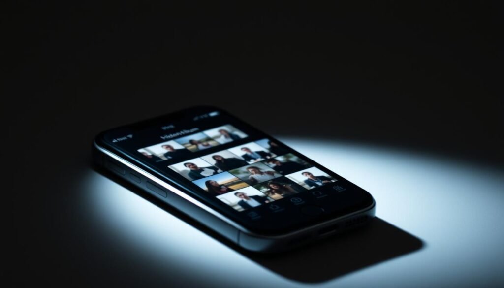 A hidden album interface on a sleek, silver iPhone, displayed in a dimly lit, minimalist studio setting. The screen shows a grid of blurred, anonymous photo thumbnails, hinting at the private content within. Soft, directional lighting creates moody shadows and highlights the device's clean, modern design. The background is a simple, neutral backdrop, allowing the iPhone to be the focal point. The overall atmosphere conveys a sense of discreet, controlled access to personal digital memories.