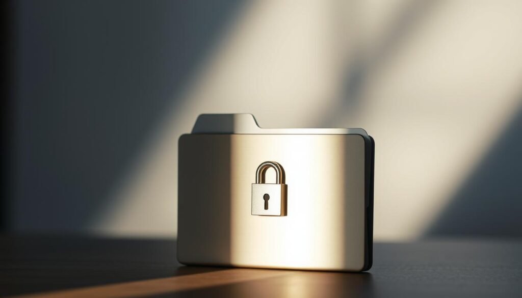 A locked Android folder against a blurred background, casting a soft shadow. The folder is positioned in the foreground, showcasing its sleek, metallic design with a prominent lock icon. The lighting is subtle, creating a serene and secure atmosphere. The background is hazy, emphasizing the folder's importance and the user's need to protect their private media. The overall composition conveys a sense of privacy and control over sensitive digital content.