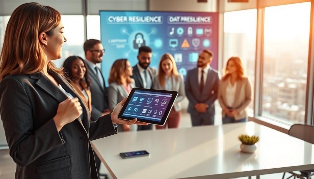 A professional business setting featuring a diverse group of individuals engaged in a collaborative discussion on cyber resilience. In the foreground, a confident woman in a smart blazer gestures while presenting a digital tablet displaying graphics of cybersecurity benefits, showcasing networks and data protection. The middle ground features a diverse group of professionals—men and women of various ethnicities—focused on a large screen displaying icons representing resilience, security, and data integrity. The background shows a modern office environment with large windows and city views, symbolizing openness and innovation. Soft, natural lighting streams in to create an inviting atmosphere, promoting a sense of teamwork and forward-thinking. The image should evoke a mood of security, collaboration, and proactive measures in facing technological challenges.