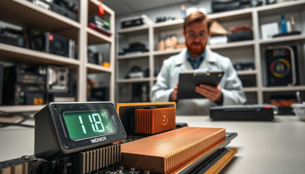 A close-up, high-resolution image of a thermal testing setup, showcasing a GPU with a copper shim installed on its backplate. In the foreground, focus on the GPU memory junction, highlighting the digital thermometer reading an impressive drop of 11°C. The copper shim glimmers with reflections of ambient lab lighting. In the middle, a technician in a lab coat carefully monitors the setup, clipboard in hand, displaying a professional demeanor. The background features blurred shelves filled with computer components and tools, emphasizing the technical environment. Soft, diffused lighting enhances the atmosphere, creating a sense of precision and innovation. The overall mood conveys a successful scientific experiment, inviting viewers to appreciate the results of thermal management techniques.