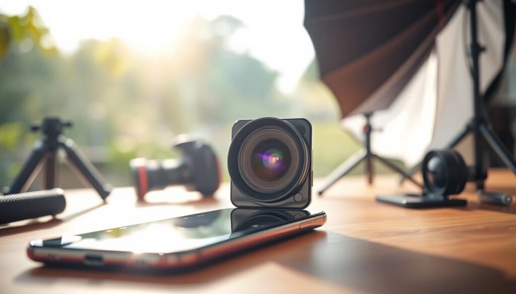 A close-up of a sleek smartphone prominently displaying its impressive 200MP camera sensor, highlighting its advanced lens technology with intricate details. The smartphone is situated on a wooden table surrounded by vibrant photography equipment, such as a tripod and a softbox for optimal lighting. In the background, a blurred bokeh effect reveals a lush outdoor setting, reflecting a bright, sunny day. The mood is inspiring and innovative, suggesting the future of mobile photography. Soft, natural light shines on the smartphone, emphasizing its glossy finish and the intricate details of the camera lens. Capture this scene at a slight angle, focusing on the smartphone's capabilities in a dynamic yet professional atmosphere.