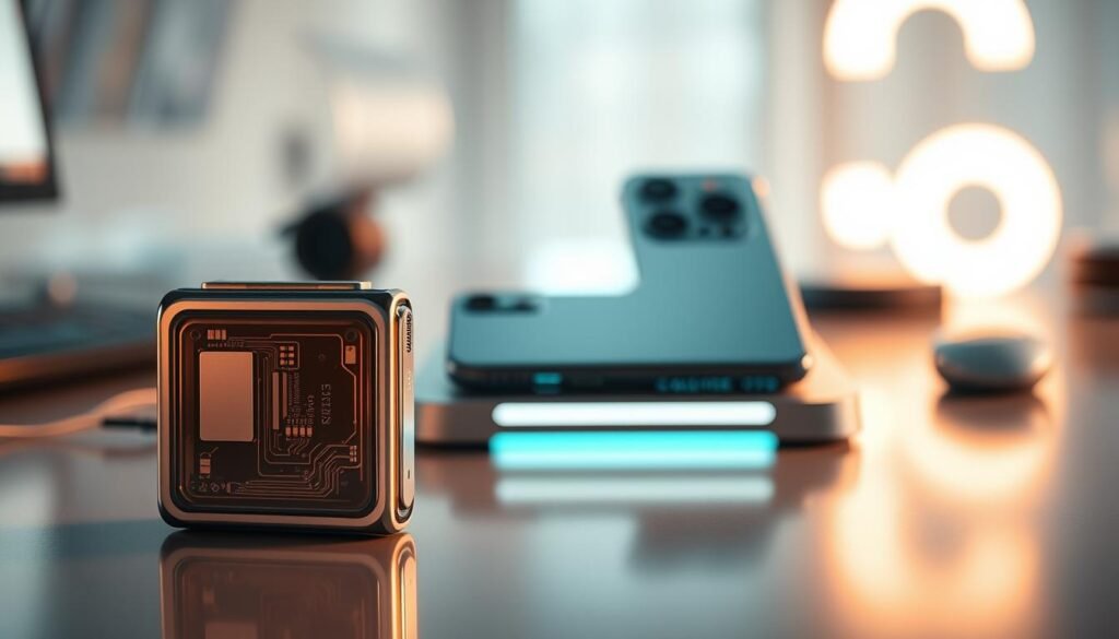 A close-up view of a premium smartphone battery, elegantly designed with sleek metallic finishes and intricate circuitry visible through a transparent casing. The battery is positioned at the forefront on a smooth, reflective surface, showcasing its modern features and advanced technology. In the middle ground, a faint silhouette of an iPhone 15 and a Galaxy S23 can be seen on a stylish charging pad, subtly illuminated by soft, ambient lighting. The background is softly blurred, featuring a high-tech workspace atmosphere with hints of futuristic gadgets. The lighting is warm and inviting, casting gentle shadows that emphasize the contours of the battery. The overall mood is sophisticated and cutting-edge, evoking the essence of innovation in smartphone technology.