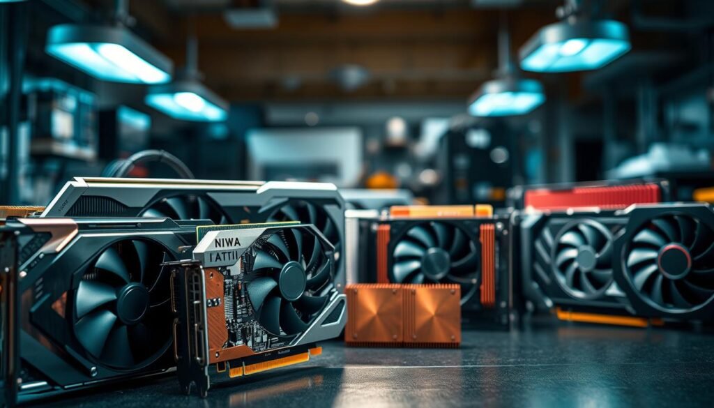A detailed and visually striking representation of various graphics cards featuring different cooling modifications. In the foreground, showcase a selection of high-end GPUs, highlighting their backplates with copper shims, emphasizing the technological enhancements. The middle ground should display intricate details of cooling systems: fans, heatsinks, and thermal paste application, capturing the essence of GPU cooling innovation. The background is softly blurred with a workshop setting, illuminated with cool, professional lighting that emphasizes the metallic textures and colors of the graphics cards. Use a slight angle to create depth and draw the viewer’s eye toward the modifications. The overall mood is technical and professional, conveying a sense of innovation and expertise in GPU cooling solutions.