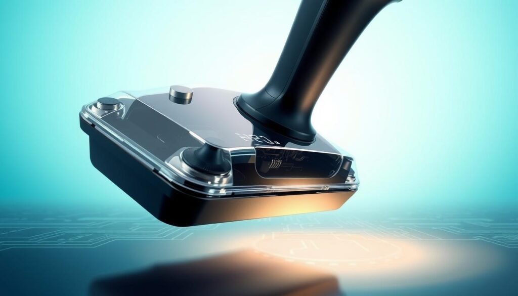 A detailed illustration of a Hall Effect joystick prominently featured in the foreground, showcasing its sleek design with a transparent housing revealing intricate sensor components. The joystick's base is adorned with metallic accents, and the joystick handle is ergonomically shaped, conveying a sense of advanced technology. In the middle ground, a subtle circuit board pattern appears, symbolizing the underlying technology that prevents drift. The background is a gradient of soft blues and greens, suggesting innovation and modernity, with a slight glow illuminating the joystick from the bottom. The scene is captured from a low angle, emphasizing the joystick's features, and the overall mood is one of excitement and progress in gaming technology. Suitable for a professional audience, the image radiates a sense of reliable quality in gaming peripherals.