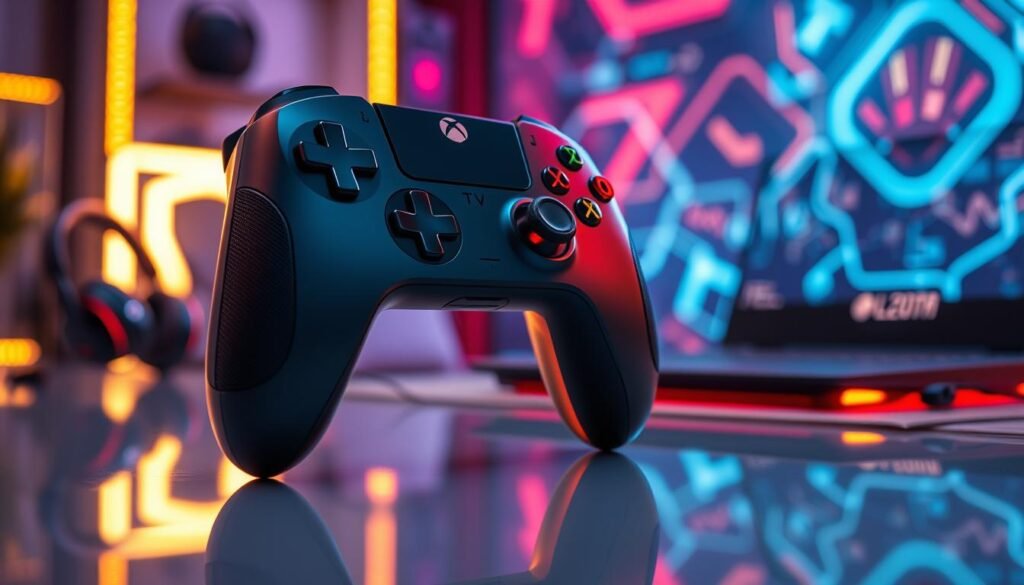 A futuristic gaming controller designed with advanced Hall Effect technology, prominently displayed in the foreground with intricate details showcasing its sleek design, ergonomic grip, and luminous LED indicators. The controller is positioned heroically on a reflective surface, capturing the light in a way that accentuates its modern aesthetic. In the middle ground, soft-focus gaming accessories, such as a headset and a gaming laptop, hint at a gaming setup. The background features a vibrant and immersive gaming environment, filled with subtle hints of LED lights and abstract patterns. The lighting is dynamic, casting soft shadows to create a high-tech atmosphere. The overall mood conveys innovation and excitement in gaming technology for 2024.