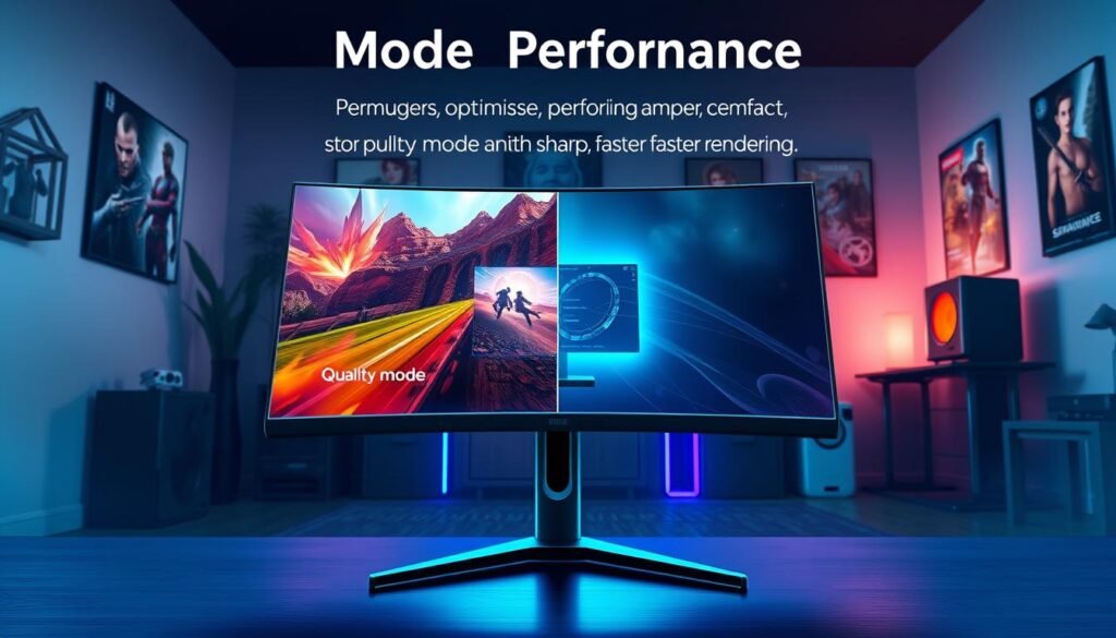 A high-resolution digital illustration showcasing the "Mode Performance" settings for enhanced gaming experiences. In the foreground, feature a gaming monitor displaying a split-screen comparison: one side illustrating "Quality Mode" with vibrant, realistic graphics and the other side depicting "Performance Mode" with sharp, faster renderings. In the middle, a sleek gaming workstation with RGB lighting casts a cool blue glow, emphasizing the tech-savvy atmosphere. The background should depict a cozy gaming room with soft ambient lighting, sleek gaming gear, and posters of popular games on the walls. The overall mood is dynamic and energetic, capturing the excitement of gaming optimization, with a focus on performance metrics and visual details. The perspective should be slightly tilted, giving depth and a modern aesthetic.
