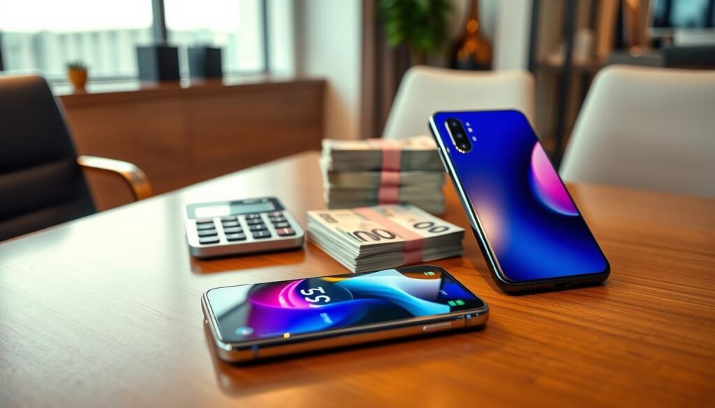 A luxurious smartphone display featuring the latest iPhone 15 and Samsung Galaxy S23, placed on an elegant wooden desk. In the foreground, the devices are highlighted with their screens active, showcasing vibrant app interfaces. The middle layer includes a premium calculator and a stack of currency notes indicating value exchange, symbolizing investment potential. In the background, a softly blurred modern office setting suggests a professional atmosphere, with warm ambient lighting casting gentle reflections on the devices’ sleek surfaces. The angle is slightly elevated, providing a dynamic view of the smartphones, while creating an inviting mood that emphasizes decision-making in tech investments. The overall composition exudes sophistication and resonates with the theme of value in technology.