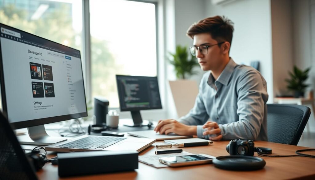 A modern, sleek workspace showcasing a software developer engaged in testing developer options on a laptop. The foreground features the developer, a young professional in business casual attire, focused on the screen displaying various graphical debugging tools and animation settings. In the middle, a stylish desk cluttered with tech gadgets, code documentation, and a smartphone with a testing app open, reflecting the essence of app development. The background includes a large window with natural light streaming in, illuminating the room and creating a bright, productive atmosphere. The technical elements should appear detailed and clear, with a soft-focus bokeh effect on the background to enhance the immersive experience. The mood is one of concentration and innovation, capturing the essence of advanced development work.
