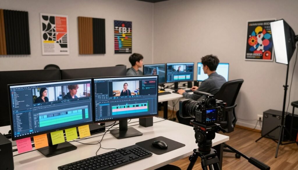 A modern workspace featuring an organized content batching setup for video production. In the foreground, a sleek desk cluttered with high-tech equipment: dual monitors displaying timelines and video editing software, a professional camera mounted on a tripod, and colorful sticky notes. In the middle, a focused individual in smart casual attire, actively reviewing footage on one of the screens, surrounded by various video editing tools and lighting setups. The background reveals a spacious room with soundproofing panels and creative posters related to video production. Soft, ambient lighting enhances the atmosphere, creating an inspiring and productive vibe. The angle captures a dynamic perspective, showcasing the blend of technology and creativity in efficient content batching.