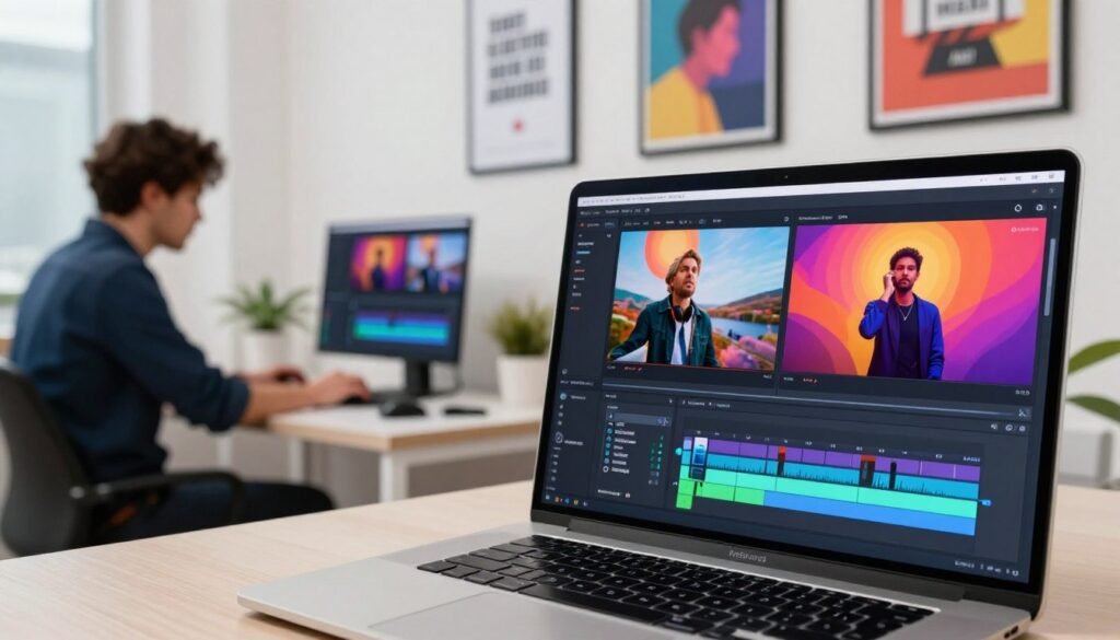 A professional setting showcasing a montage of digital editing tools, specifically Vizard and Clipchamp. In the foreground, display a high-resolution laptop screen with an open video editing interface featuring vibrant video clips set for manipulation. On the middle ground, include a modern workspace with a person in professional business attire, intently focused on editing a video. The background should feature a wall with framed motivational posters about creativity and technology. The lighting is bright and inviting, highlighting the vibrant colors of the editing software. The overall atmosphere is productive and innovative, emphasizing the power of AI in video editing, without any distractions like text or logos.