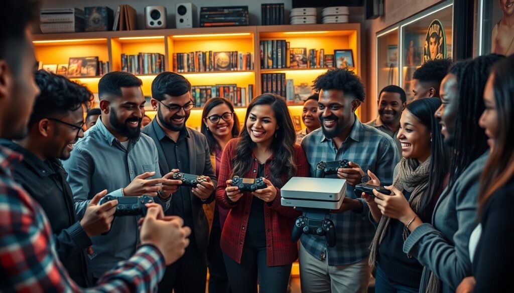 A vibrant and dynamic scene capturing a community of diverse gamers discussing the latest advancements in console technology. In the foreground, a mixed group of individuals, including men and women of various ethnic backgrounds, are intently engaging with each other, showcasing their gaming consoles. In the middle, modern consoles like the Series S are displayed prominently, with joyful expressions on the gamers' faces reflecting a blend of enthusiasm and concern. The background features a cozy gaming lounge with soft lighting, illuminating shelves filled with games and collectibles. The atmosphere conveys a sense of excitement and camaraderie, with warm hues emphasizing the shared passion for gaming while hinting at underlying tensions surrounding vendor discrimination. A professional and inviting setting, captured from a slightly elevated angle, to enhance the emotional depth of the interactions.