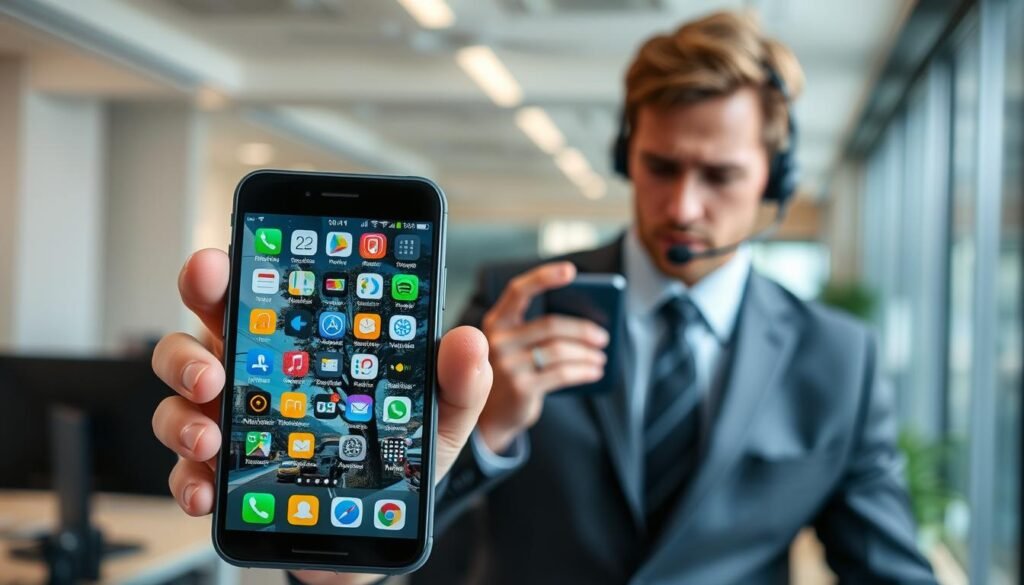 A visually striking composition illustrating the impact of bloatware on device performance. In the foreground, a close-up view of a smartphone displaying a cluttered home screen filled with unnecessary app icons, depicting a slowed-down user interface. In the middle, a frustrated user in professional business attire is holding the phone while gazing at it in disappointment, showcasing a classic tech support pose. The background highlights a modern office environment with a subtle blur effect, introducing depth. Soft, natural lighting fills the scene, casting gentle shadows and emphasizing the user’s expression. The overall mood is one of frustration mixed with urgency, capturing the essence of how bloatware affects the user experience.