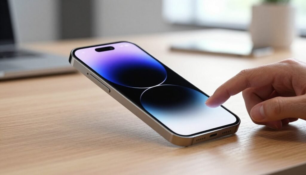 A close-up view of the latest smartphone, featuring the iPhone 16 model in sleek silver and black finishes, displaying its standout features like an edge-to-edge OLED screen and advanced camera system. The smartphone is positioned on a modern wooden desk, with hands gently interacting with the intuitive control buttons on the side, showcasing its elegant design. In the background, softly blurred, there are hints of a contemporary office setting with soft lighting, creating a professional and focused atmosphere. The image should capture intricate details of the device, including reflections on the screen and crisp lines, while maintaining a bright and inviting mood. The angle should be slightly tilted to emphasize depth and sophistication.