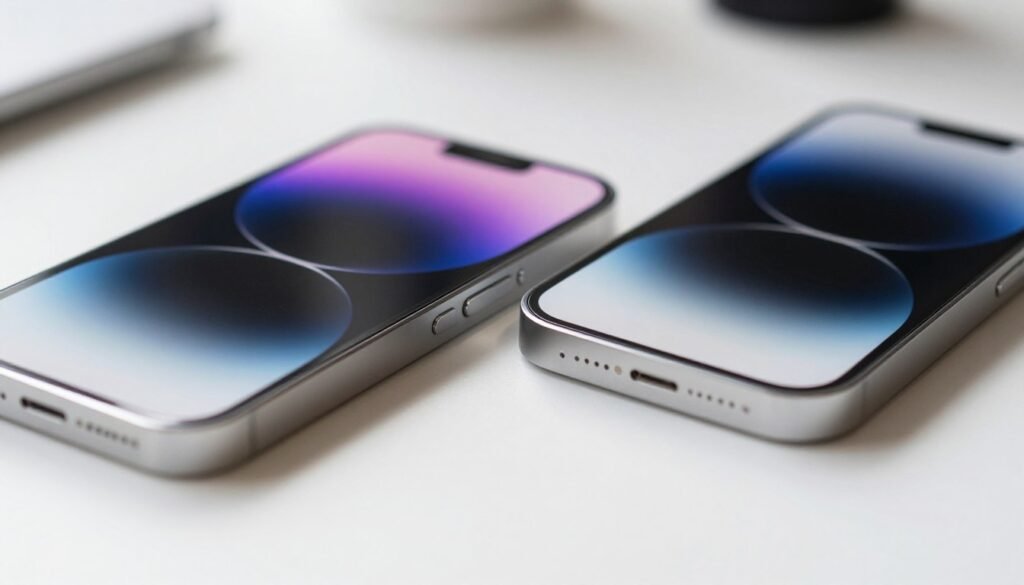 A close-up view of two smartphones, the iPhone 16 and iPhone 15, displayed side by side to emphasize their design similarities and subtle differences. The foreground features the sleek contours and finish of both devices, showcasing the iPhone 16 with a slight glow to highlight its new features. In the middle, soft-focus elements include colored reflections on the glass screens and metallic frames, giving a modern and premium feel. The background features a blurred, minimalistic workspace with soft natural lighting to create a calm atmosphere. Capture the mood of technological advancement and comparison, with a high-resolution look emphasizing the craftsmanship of the devices. Use a macro lens perspective to draw attention to the intricate details of the screens and edges, while ensuring the overall composition remains clean and professional.