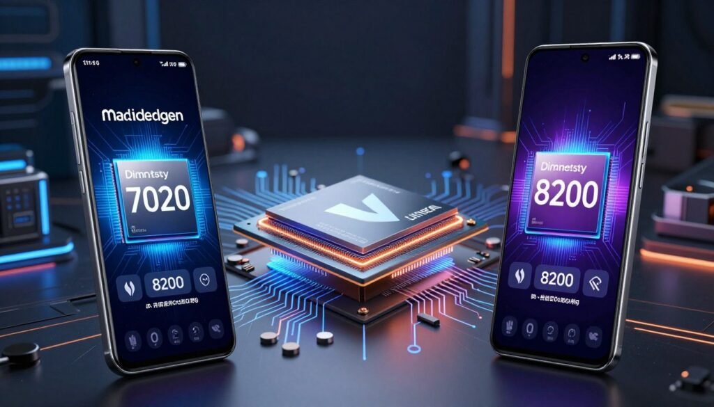 A detailed comparison image showcasing the performance of MediaTek chipsets, specifically the Dimensity 7020 and Dimensity 8200. In the foreground, depict two sleek, modern smartphones side by side, each highlighting the chipset specifications on their screens with vibrant, futuristic interfaces. In the middle ground, include a stylized graphic representation of the chipsets, featuring intricate circuit patterns and glowing elements to symbolize power and technology. In the background, subtly illustrate a tech-inspired environment, with dynamic lighting that enhances the futuristic theme. Use a camera angle that emphasizes the smartphones' displays in sharp focus while creating a sense of depth with a blurred background. The mood should evoke innovation and competitiveness in the mid-range smartphone market, with a sleek, professional atmosphere.