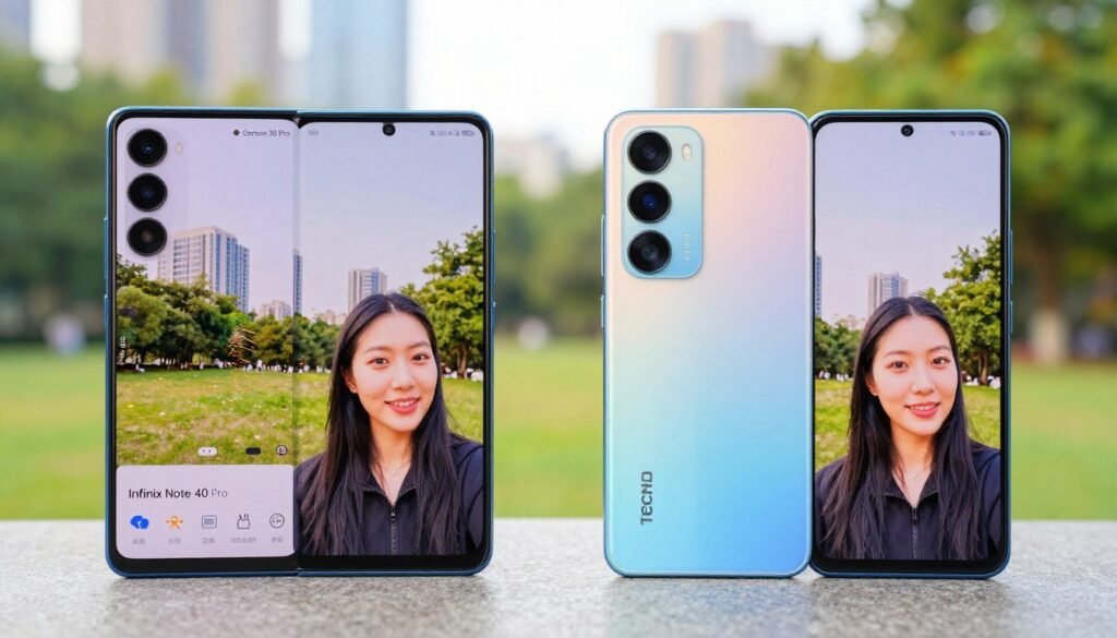 A side-by-side comparison image of two smartphones, the Infinix Note 40 Pro and the Tecno Camon 30 Pro, showcasing their front-facing cameras. In the foreground, focus on the phones, beautifully rendered with detailed screens displaying selfie samples taken under bright, natural lighting. Each phone should have its logo clearly visible, positioned slightly angled for depth. In the middle ground, include a creative representation of a vibrant outdoor setting, such as a park or cityscape, that reflects excellent videography potential. The background should feature a soft-focus effect to emphasize the smartphones and their capabilities. Capture a bright and inviting mood, ensuring the lighting is warm and flattering, highlighting the essence of photography and videography.