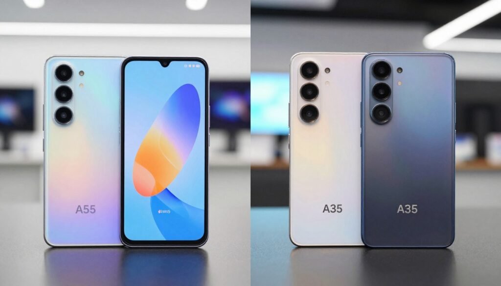 A split-screen comparison of the Galaxy A55 and A35 cameras, showcasing their design and features. On the left, the A55 camera with sleek, modern aesthetics, featuring advanced lenses and a vibrant display; on the right, the A35 camera, presenting a slightly more compact look. The foreground highlights both models at eye level, emphasizing their camera systems and back designs. In the middle ground, include a softly blurred background of a well-lit modern tech environment, ideally with subtle reflections to enhance the tech ambiance. Use soft, natural lighting to create a professional mood, highlighting the differences in camera sizes and features. The image should evoke a sense of comparison and choice, appealing to tech enthusiasts. A split-screen comparison of the Galaxy A55 and A35 cameras, showcasing their design and features. On the left, the A55 camera with sleek, modern aesthetics, featuring advanced lenses and a vibrant display; on the right, the A35 camera, presenting a slightly more compact look. The foreground highlights both models at eye level, emphasizing their camera systems and back designs. In the middle ground, include a softly blurred background of a well-lit modern tech environment, ideally with subtle reflections to enhance the tech ambiance. Use soft, natural lighting to create a professional mood, highlighting the differences in camera sizes and features. The image should evoke a sense of comparison and choice, appealing to tech enthusiasts.