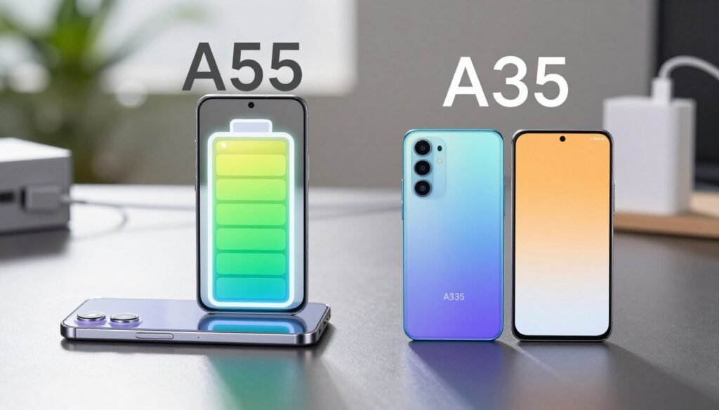 Create a split-screen image comparing the battery performance of the Galaxy A55 and A35. In the foreground, display two smartphones side by side on a sleek, modern table, highlighting their distinct designs and colors. The middle section shows a vibrant, glowing battery icon above each phone, with numerical battery life estimates creatively illustrated: the A55 on the left (longer battery life) and the A35 on the right (standard battery life). In the background, softly blurred tech-related elements such as charging cables and power banks create an engaging atmosphere. Use bright, natural lighting to emphasize the details, and demonstrate a clean, professional mood that draws attention to the differences in battery longevity and charging capabilities. Create a split-screen image comparing the battery performance of the Galaxy A55 and A35. In the foreground, display two smartphones side by side on a sleek, modern table, highlighting their distinct designs and colors. The middle section shows a vibrant, glowing battery icon above each phone, with numerical battery life estimates creatively illustrated: the A55 on the left (longer battery life) and the A35 on the right (standard battery life). In the background, softly blurred tech-related elements such as charging cables and power banks create an engaging atmosphere. Use bright, natural lighting to emphasize the details, and demonstrate a clean, professional mood that draws attention to the differences in battery longevity and charging capabilities.